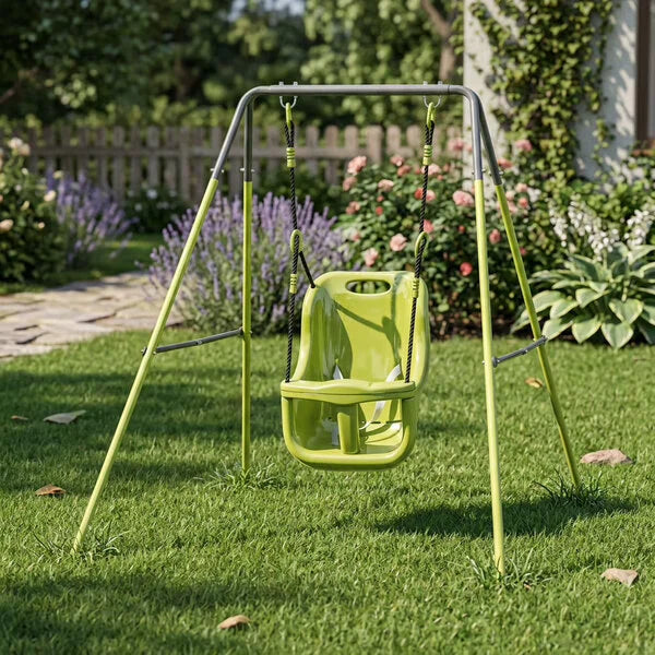 Outdoor metal baby swing with lime-green hanging seat on four legs