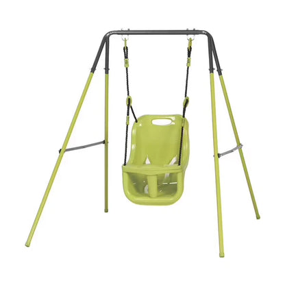 Green mesh toddler swing seat hanging from metal frame with ropes