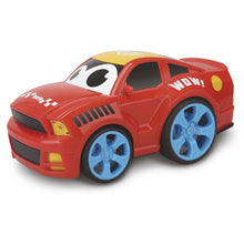 Red remote-control toy car with yellow accents, WOW! text, and blue wheel rims