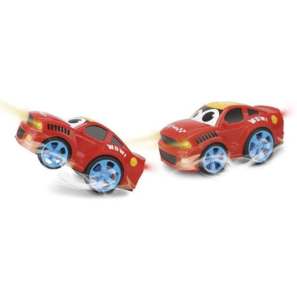 Red toy remote car with blue wheels, smiling face graphic, and rear spoiler