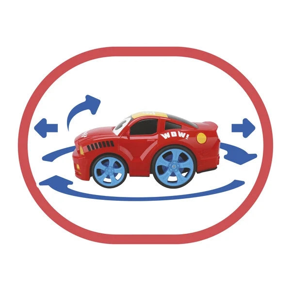Red remote toy car with blue wheels inside a circular direction arrow graphic