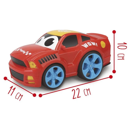 Red toy car with blue wheels and WOW! side text; shown with length 22 cm height 10 cm