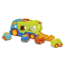 Colorful toy car transporter with four small cars, green yellow blue orange set