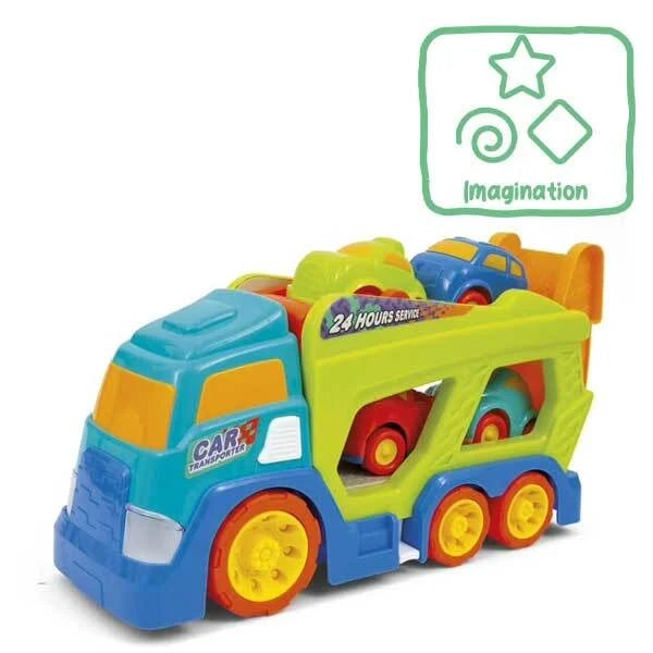 Green and blue toy car transporter with open top holding one car, star 'Imagination' icon