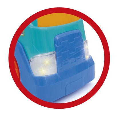Blue toy transporter cab with clear plastic window and molded 4-car storage tray