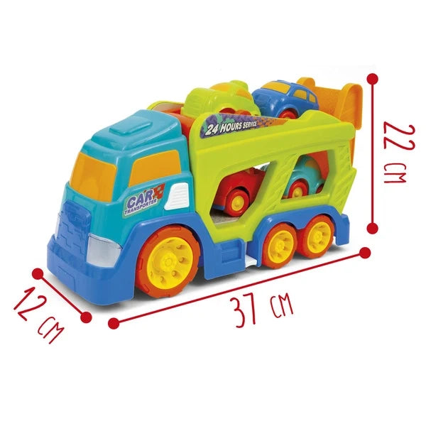 Toy car transporter with four cars and size markers, 31 x 27 x 12 cm