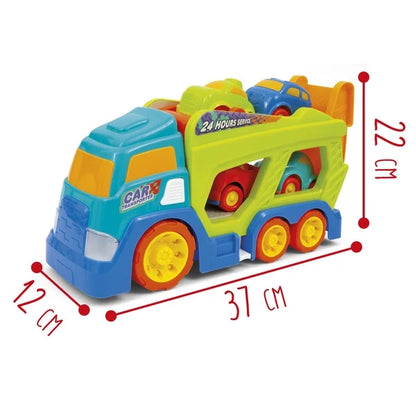 Toy car transporter with four cars and size markers, 31 x 27 x 12 cm