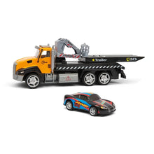 Toy tow truck with flatbed trailer and black race car with multicolor stripes