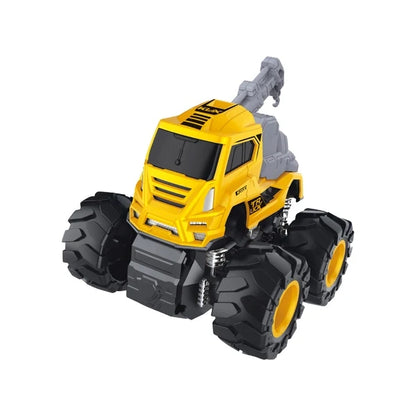 Yellow and gray monster truck toy with huge tread tires and roof crane boom