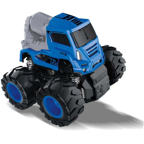 Blue and gray monster truck toy with oversized tread tires and front grille details