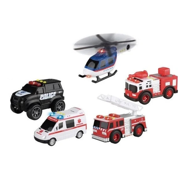 Emergency vehicles toy set showing ambulance, police SUV, rescue truck, and helicopter