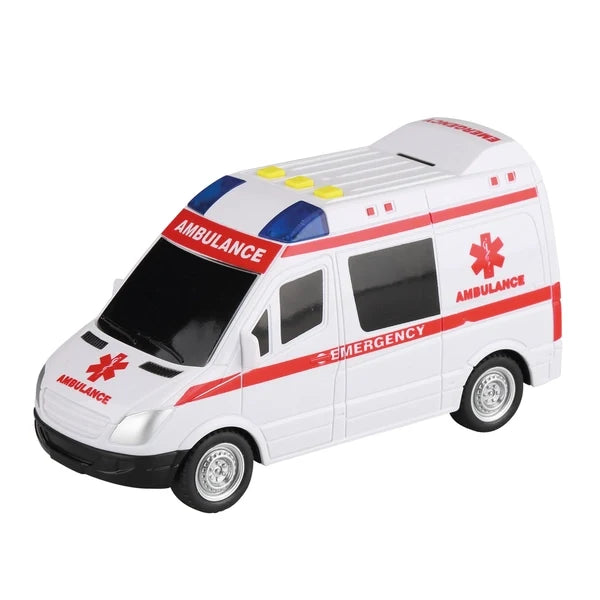 White ambulance toy van with red stripe, roof lights, and side markings