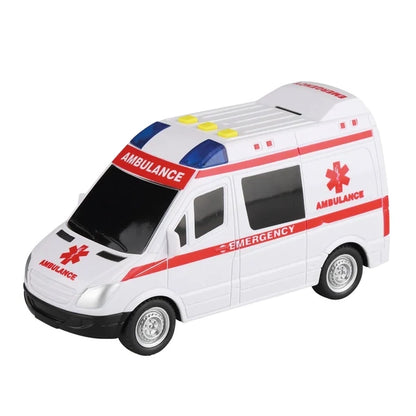 White ambulance toy van with red stripe, roof lights, and side markings