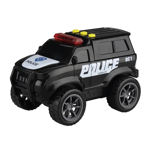 Black police SUV toy with red roof light bar and silver door decals