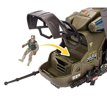 Military helicopter with 2 soldier figures and jeep