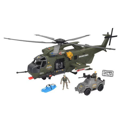 Military helicopter with 2 soldier figures and jeep