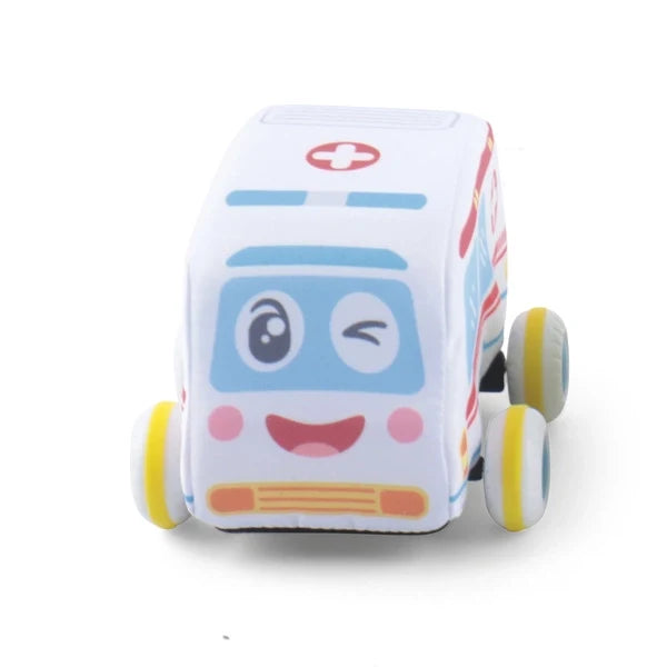 Soft fabric friction car with white face, smiling print, and yellow wheels.