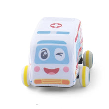 Soft fabric friction car with white face, smiling print, and yellow wheels.