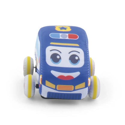 Soft fabric friction car with blue face, big eyes, and yellow wheels.