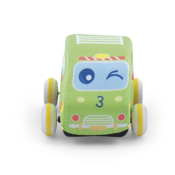 Soft fabric friction car with green face, smiling print, and yellow wheels.