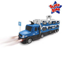 Blue and gray police truck toy driving forward with car track pieces attached.