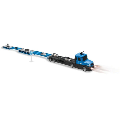 Police truck toy with long car track set, shown from side at low angle.