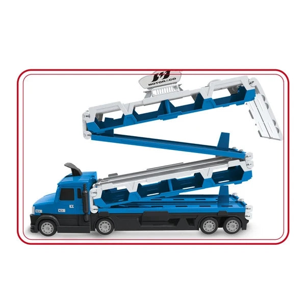 Blue police truck toy with attached car track, shown in angled top view.