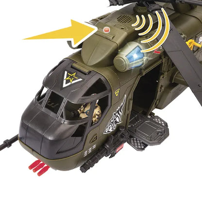 Olive and black military vehicle toy with cockpit window, blue lights, and sound icons