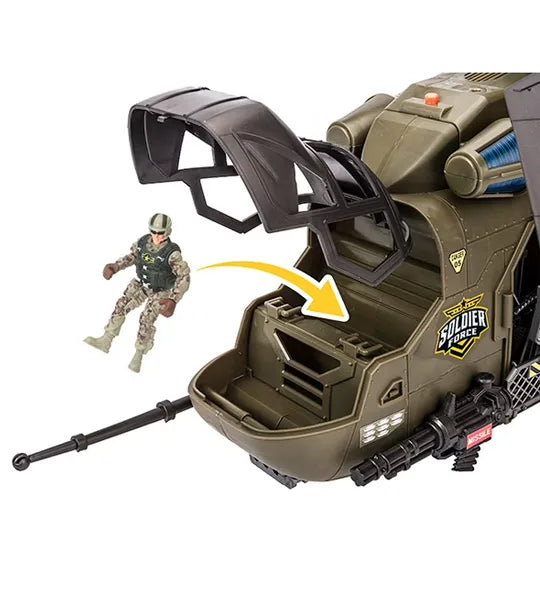 Olive green military assault vehicle toy with open cockpit and front cannon