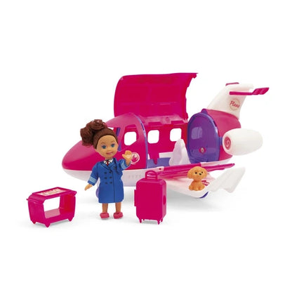 Kid doll in blue jacket with pink airplane and two matching suitcases