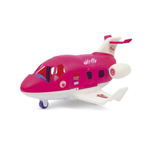 Pink toy airplane with 'Lolly' lettering, white nose and wings