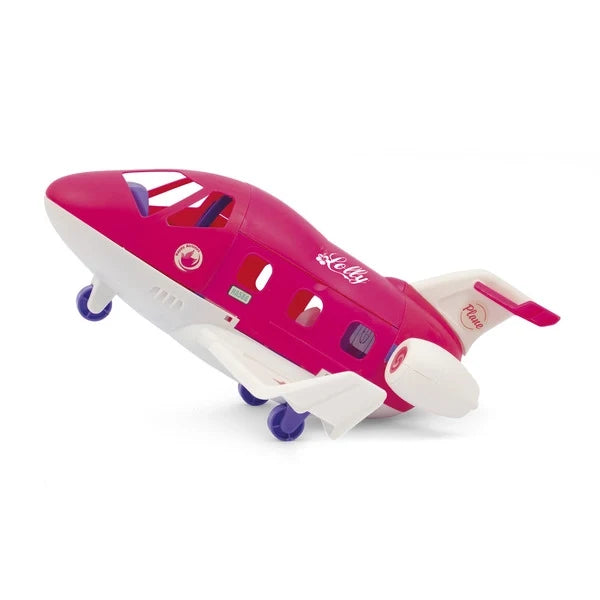 Pink toy airplane with white wings and wheels