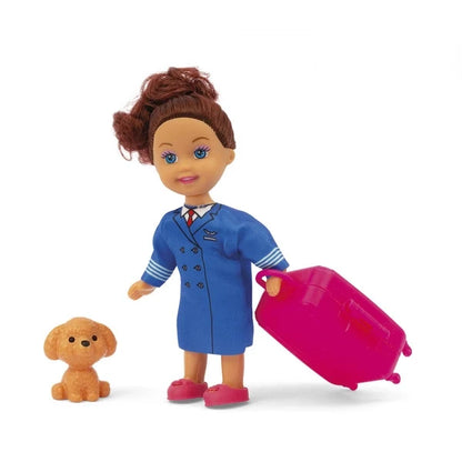 Kid doll in blue suit with pink toy airplane and small teddy dog