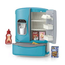 Blue toy refrigerator with open door, interior shelves, and play food accessories