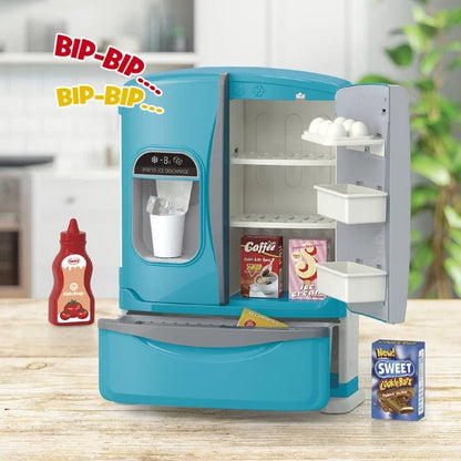 Blue toy refrigerator with open door and shelves, shown with play food accessories on table