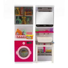 Doll bathroom playset with pink washing machine, sink, and open storage shelves
