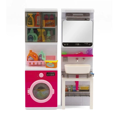 Doll bathroom playset with pink washing machine, sink, and open storage shelves