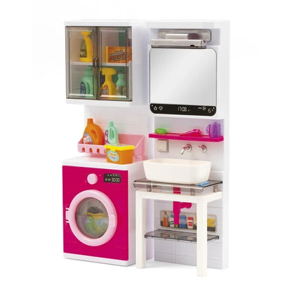 Doll bathroom playset with vanity sink, shelves, mirror, and washing machine