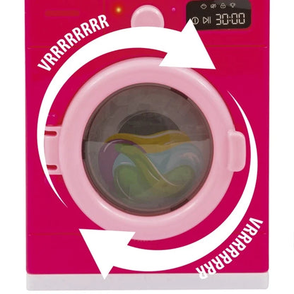 Pink doll washing machine with circular door window and control panel