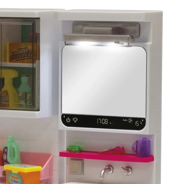 Mini doll bathroom playset with vanity sink, mirror, and countertop accessories