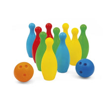 Colorful plastic bowling set: 10 pins and 1 ball, multicolor