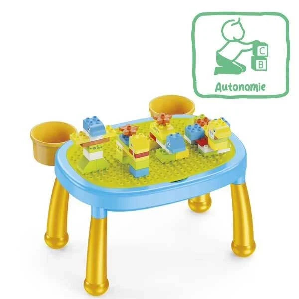 2-in-1 activity table with colorful building blocks and two side cup holders