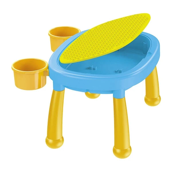 2-in-1 activity table with open top and two yellow side cup bins