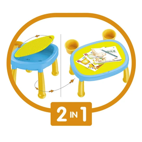 2-in-1 activity table with lid panel and side cup holders, dual-use design