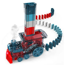 Red and blue electric toy train with clear smokestack and domino pieces on track