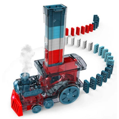 Red and blue electric toy train with clear smokestack and domino pieces on track