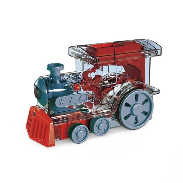 Red and blue electric toy train with transparent top and big wheel details