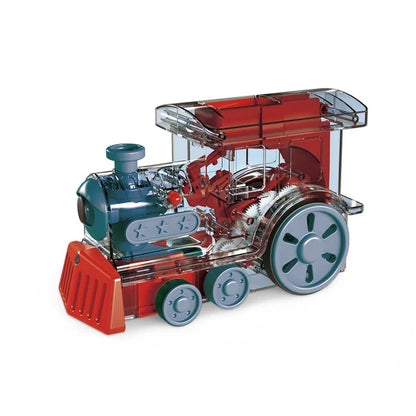 Red and blue electric toy train with transparent top and big wheel details