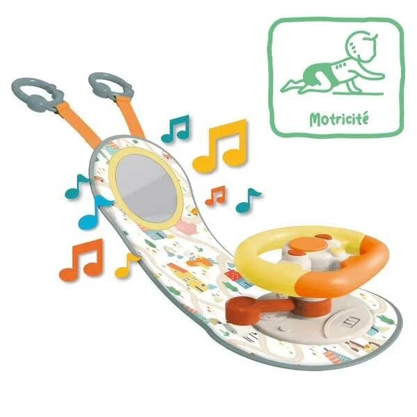 Interactive steering wheel activity toy with oval mirror, orange center, and musical sound effects
