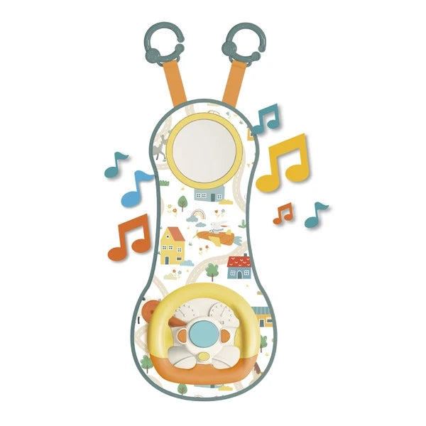 Interactive steering wheel activity toy with steering wheel center and musical sound notes